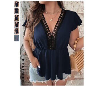 Plus Size Navy Blue Black Lace Scallop Trim Butterfly Sleeve Peplum Blouse, 2X